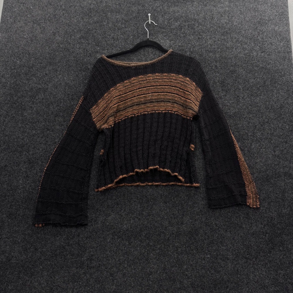 Natural Life Boho Knit Bell Sleeve Sweater Black Brown Striped Medium